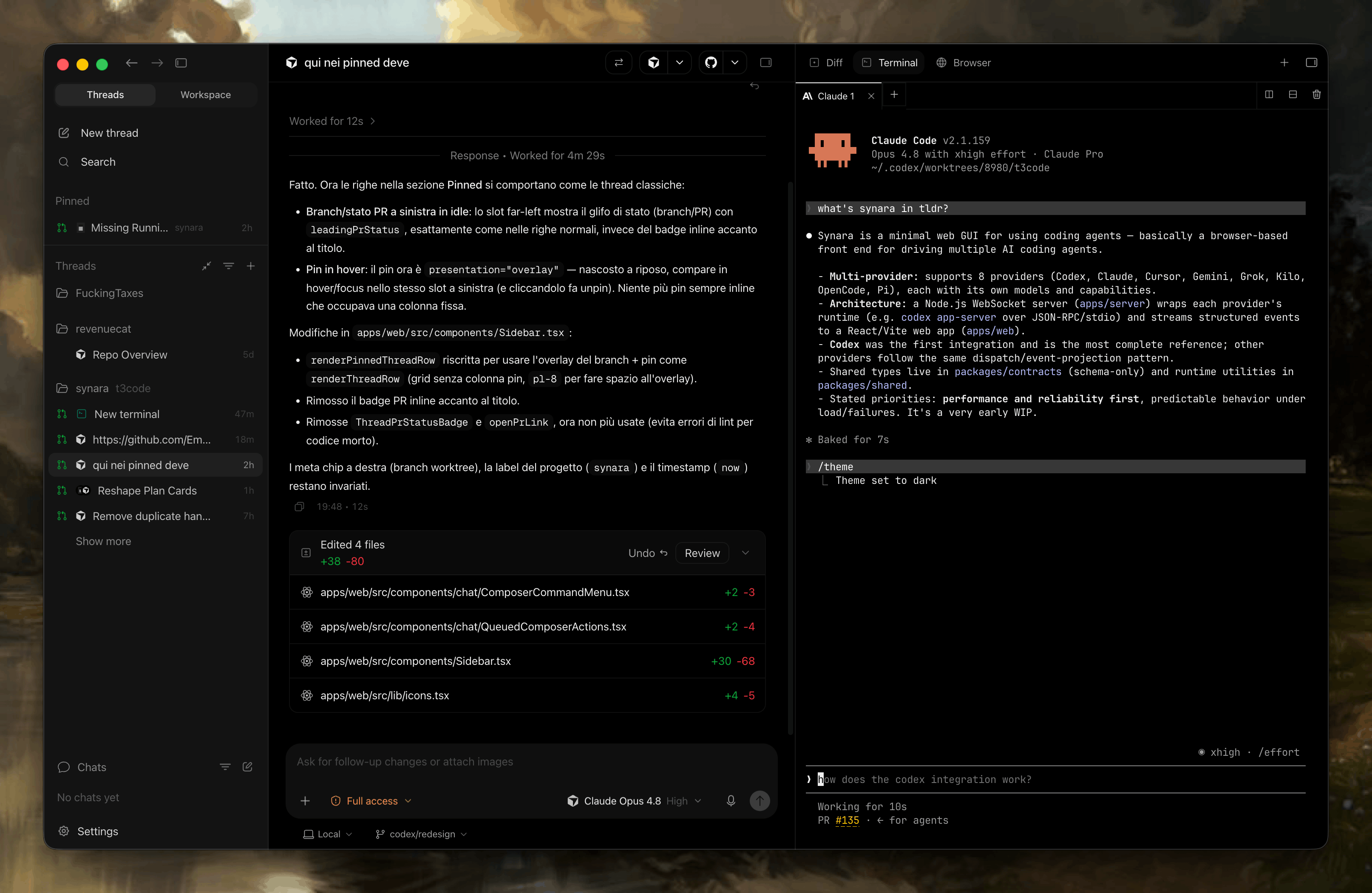 Karmas Coder workspace composition showing coding-agent tasks, terminals, browser verification, diffs, and Git worktrees