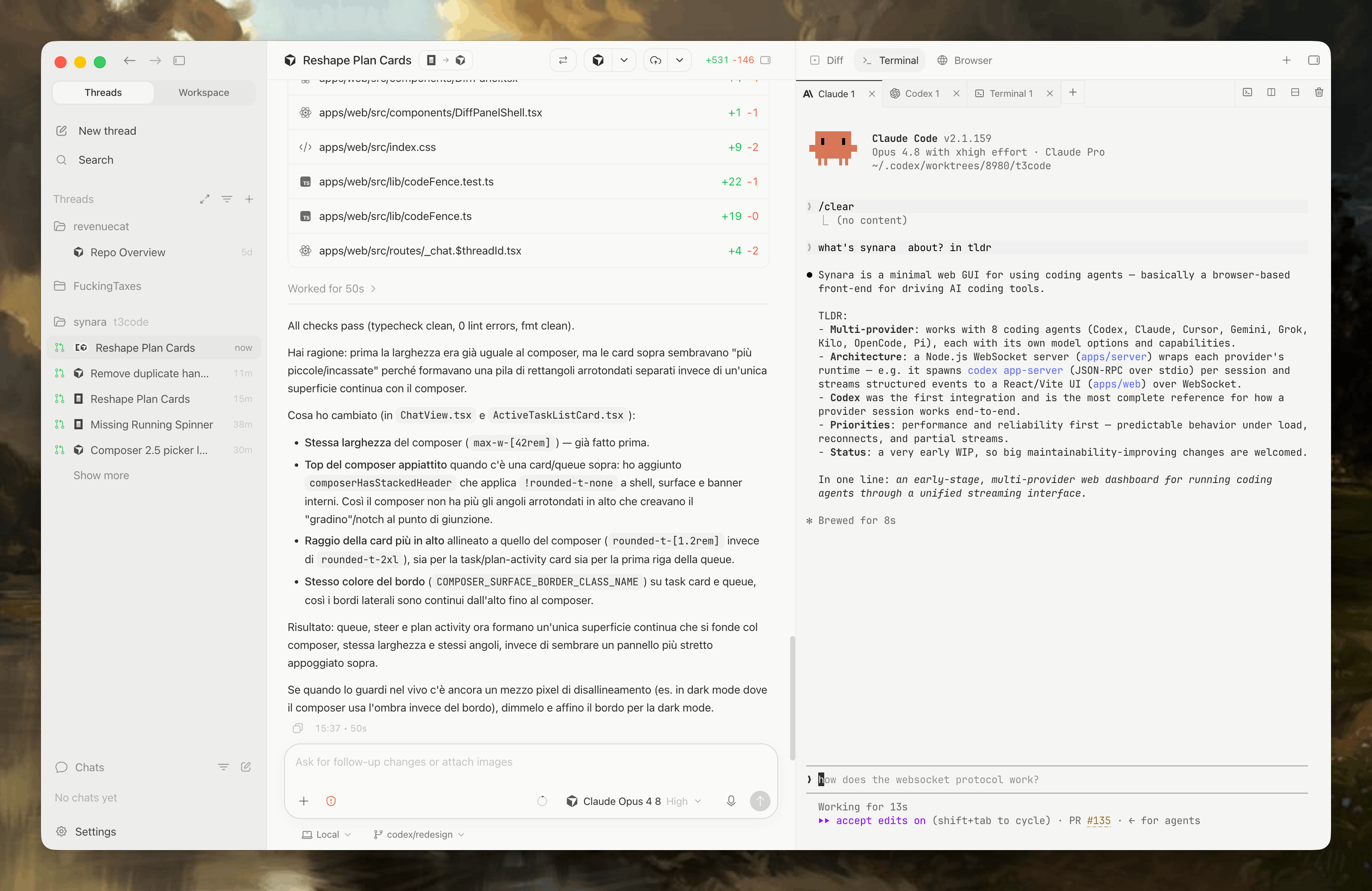 Karmas Coder workspace composition showing coding-agent tasks, terminals, browser verification, diffs, and Git worktrees