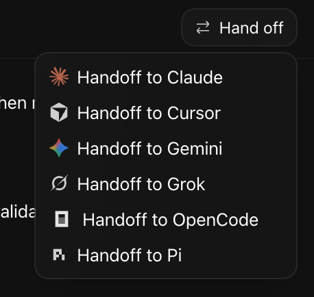 Karmas Coder hand-off menu — pass a thread to Claude, Cursor, Grok, OpenCode, or Pi mid-conversation
